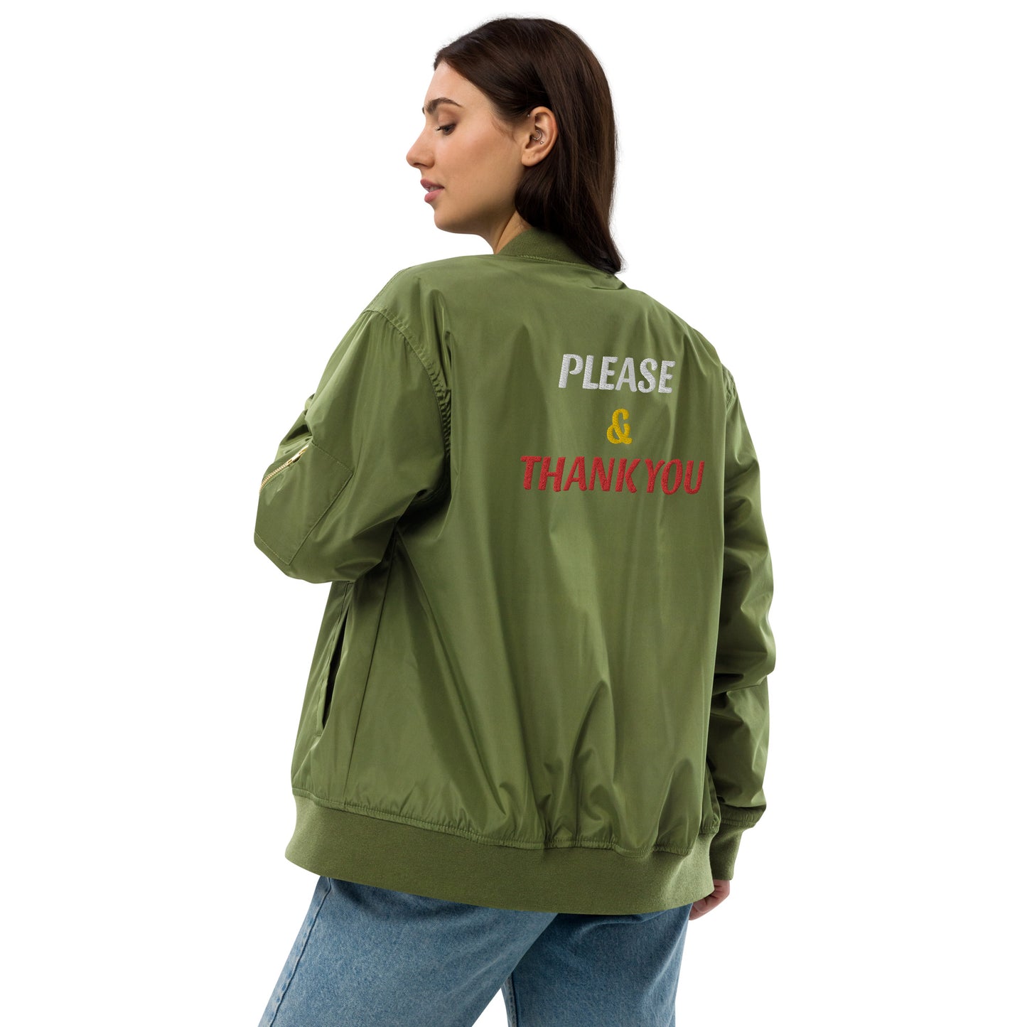 "Please & Thank You" Embroidered Bomber Jacket