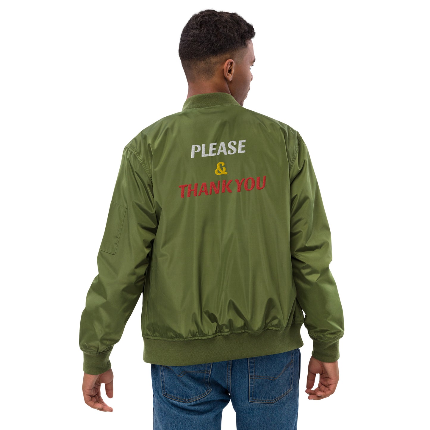 "Please & Thank You" Embroidered Bomber Jacket