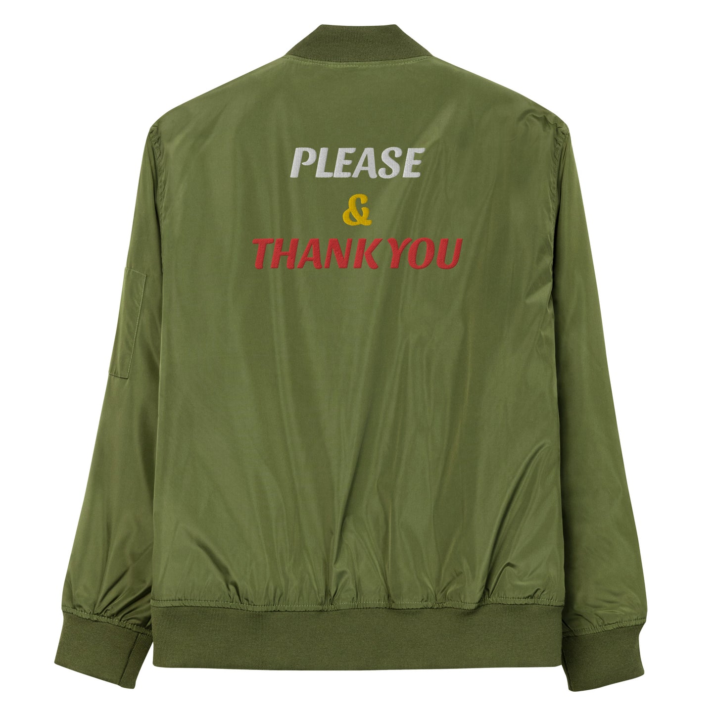 "Please & Thank You" Embroidered Bomber Jacket